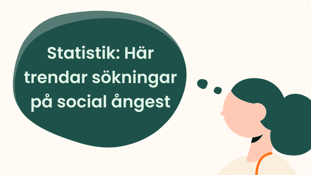 Illustration av en person med mörkgrönt hår och orange armband som tittar på en pratbubbla där det står Statistik: Här trendar sökningar på social ångest på svenska.
