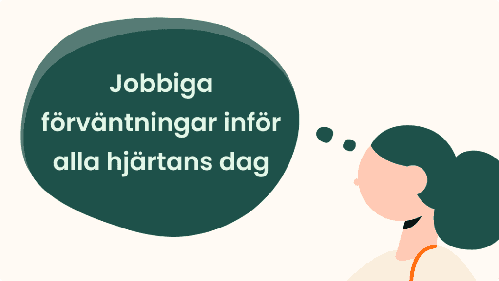 Illustration av en person med en tankebubbla innehållande den svenska texten Jobbiga förväntningar inför alla hjärtans dag, Tough expectations before Valentines Day.