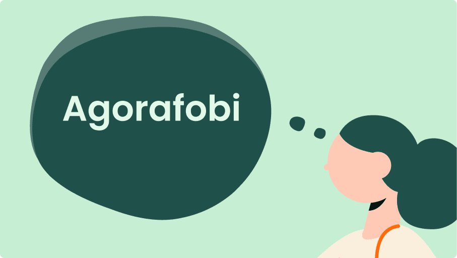 Illustration av en person med mörkgrönt hår som tänker, reflekterar över daglig självkänsla, med en stor pratbubbla som innehåller ordet Agorafobi på en ljusgrön bakgrund.