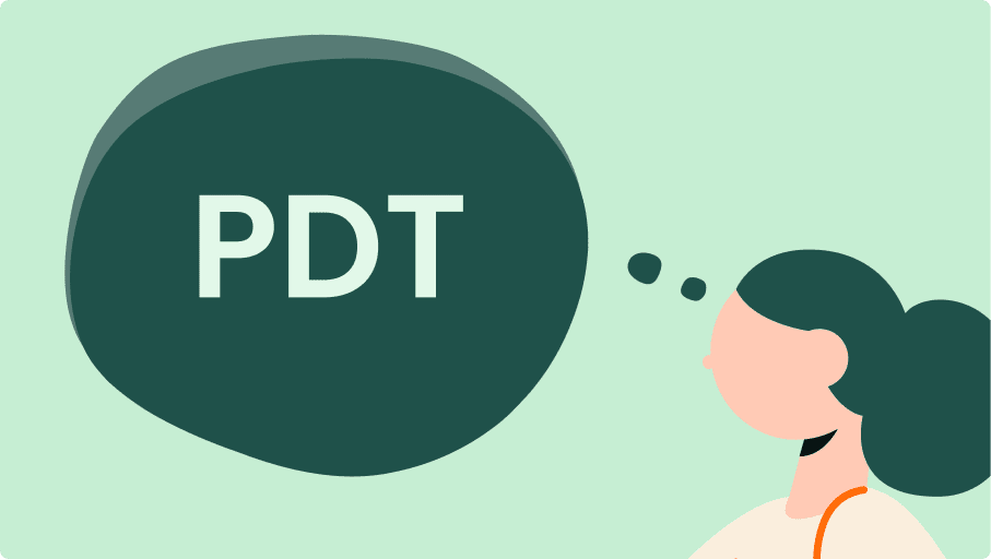 Illustration av en person med hästsvans som tänker, visat av en tankebubbla som innehåller bokstäverna "pdt" mot en grön bakgrund.