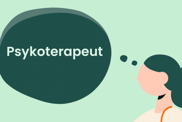 Illustration av en person med mörkt hår som tänker, visat av en stor tankebubbla som innehåller ordet Psykoterapeut och termen agorafobi på en ljusgrön bakgrund.
