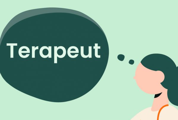 Illustration av en person med mörkt hår och en ljusrosa topp, ansikte mot ansikte med en mörkgrön pratbubbla som innehåller ordet ”Terapevt”, med hänvisning till en psykoterapeut, mot en ljusgrön bakgrund.