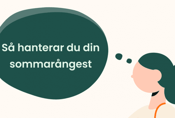 Illustration av en person med mörkgrönt hår och en pratbubbla som säger Så hanterar du din sommarångest, vilket betyder How to handle your summer anxiety, including feelings of ensamhet under sommaren.