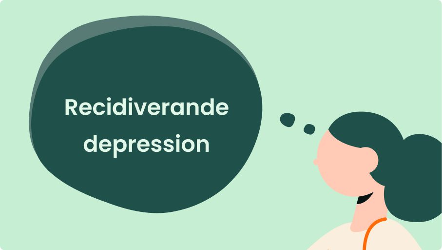 En illustration av en person med mörkgrönt hår som tänker, med en pratbubbla som innehåller orden Recidiverande depression och antydningar till Vinterdepression på en ljusgrön bakgrund.
