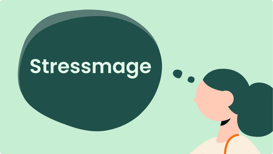Illustration av en person med mörkt hår i hästsvans som tänker, visad av en grön tankebubbla innehållande ordet Stressmage, som belyser sambandet mellan håravfall vid stress på en ljusgrön bakgrund.
