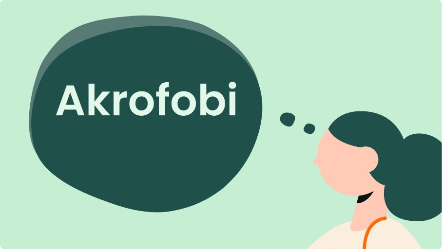 Illustration av en person med mörkt hår i en knut som tänker, med en tankebubbla som innehåller orden Akrofobi och Dysmorfofobi mot en grön bakgrund.