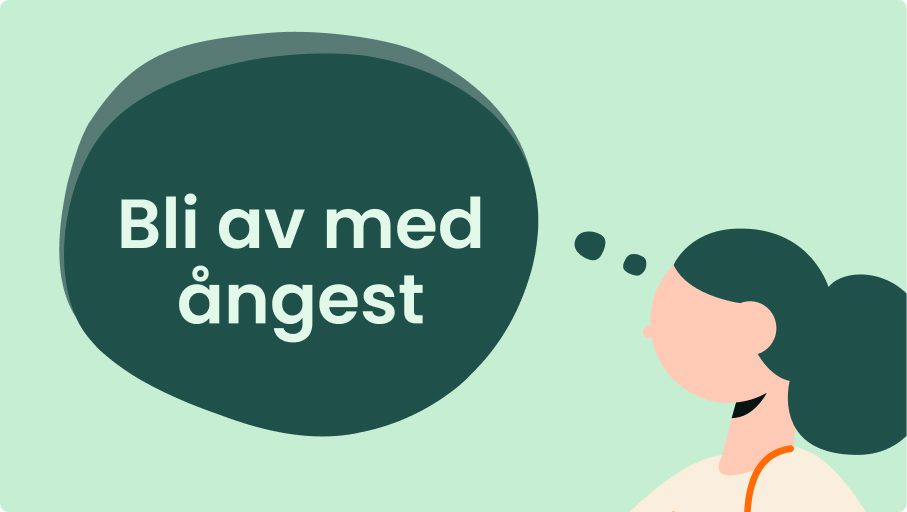 Illustration av en person med mörkgrönt hår och en pratbubbla som säger "Bli av med ångest" på en ljusgrön bakgrund, vilket belyser vikten av stresshantering.