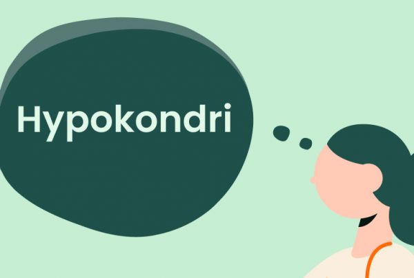 Illustration av en person med en tankebubbla innehållande ordet Hypokondri samt referenser till ormfobi, mot en ljusgrön bakgrund. Figuren har mörkt hår som är bakåtkammat och är avbildad i en enkel, minimalistisk stil.