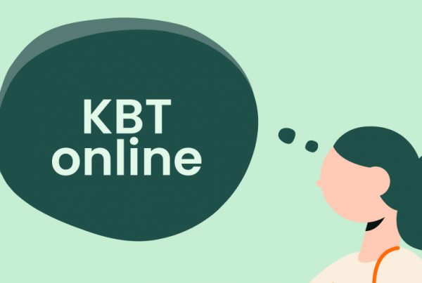 Illustration av en person med mörkt hår som tittar på en pratbubbla med texten ”KBT online” och funderar på att träffa en terapeut, mot en ljusgrön bakgrund.