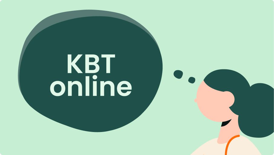 Illustration av en person med mörkt hår som tittar på en pratbubbla med texten ”KBT online” och funderar på att träffa en terapeut, mot en ljusgrön bakgrund.