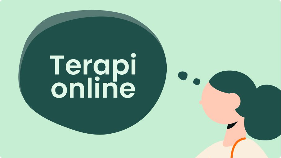 Illustration av en person med mörkgrönt hår och en pratbubbla bredvid huvudet som innehåller orden Terapi online, med hänvisning till KBT online, mot en ljusgrön bakgrund.