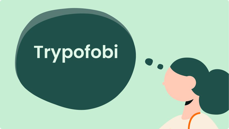 Illustration av en person med mörkt hår, en pratbubbla med ordet Trypofobi och en ljusgrön bakgrund – som framhäver teman som håravfall vid stress.
