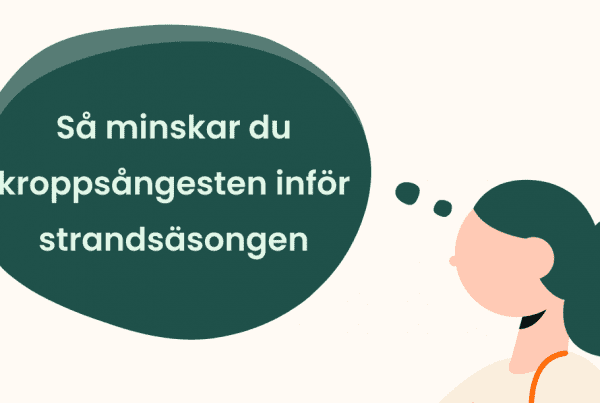Illustration av en person med mörkt hår och gröna örhängen, vänd mot en pratbubbla som säger, Så minskar du kroppsångesten inför strandsäsongen på svenska, med adress sommarångest mot en ljus bakgrund.