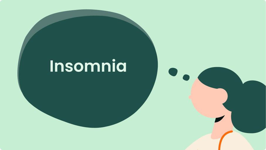 Illustration av en mörkhårig kvinna som tänker, med en stor mörkgrön pratbubbla ovanför huvudet innehållande orden Insomnia och Självmordstankar, mot en ljusgrön bakgrund.