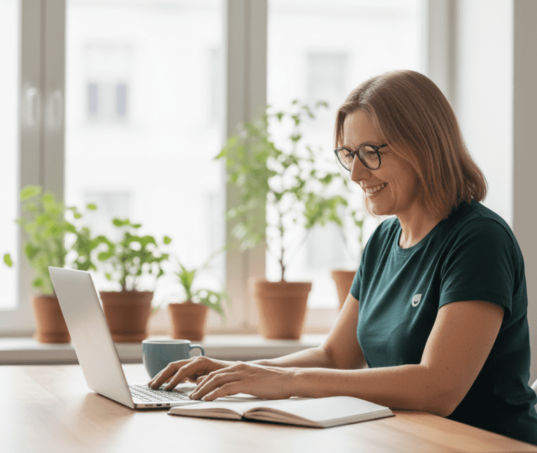En kvinna med axellångt brunt hår och grön skjorta ler mot kameran. I hörnet visas en 4,7-stjärnig recension från Google.